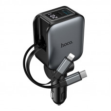 Автомобільний зарядний пристрій HOCO Z67A Triunfar PD60W(1C1A)+Type-C/iP car charger with dual telescopic cable and digital display dark Metal Gray (6942007680844)