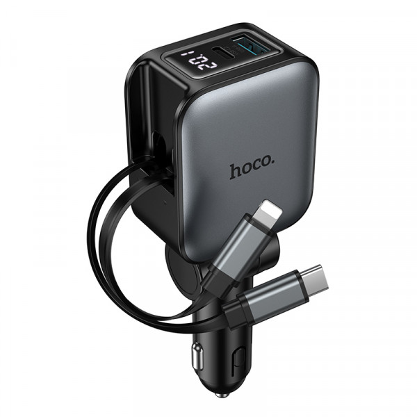 Автомобільний зарядний пристрій HOCO Z67A Triunfar PD60W(1C1A)+Type-C/iP car charger with dual telescopic cable and digital display dark Metal Gray (6942007680844)