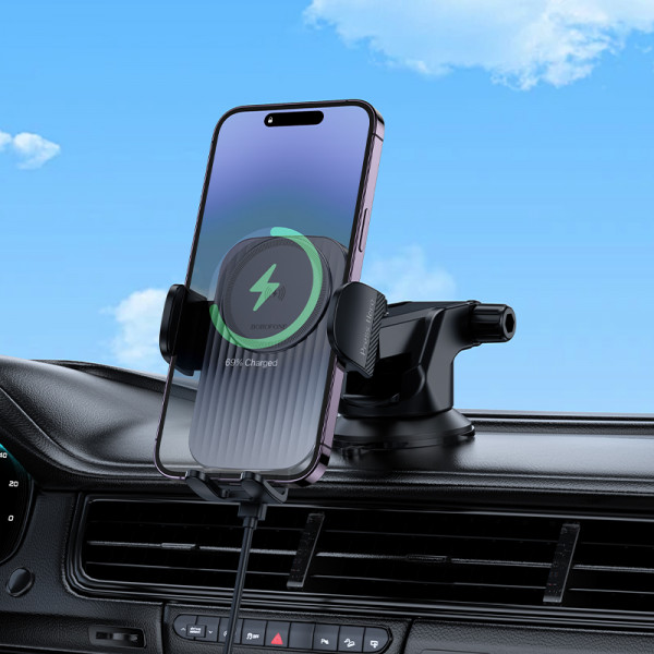 Автотримач для телефона з БЗП BOROFONE BH222 Leading push-type wireless fast charging car holder(center console) Black (6941991119019)