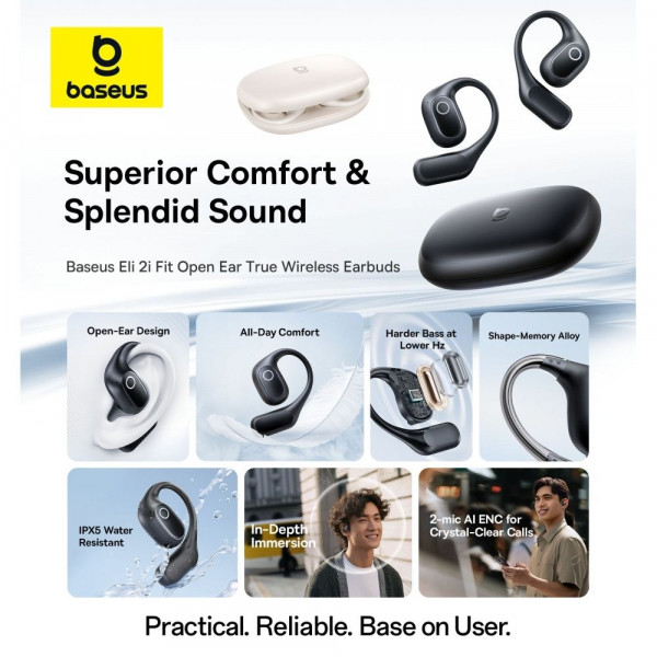 Бездротові навушники TWS Baseus Eli 2i Fit Open-Ear,ENC, IPX5, Cosmic Black (A0102604)