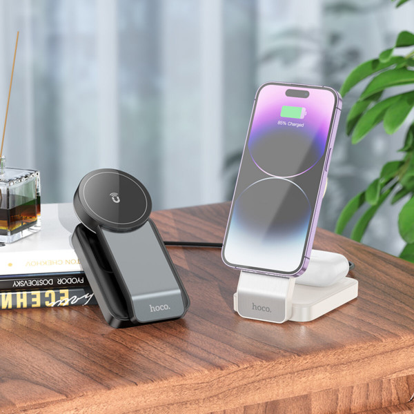 Бездротовий зарядний пристрій HOCO CQ3 Motorcycle folding 3-in-1 magnetic wireless fast charger Milky Білий