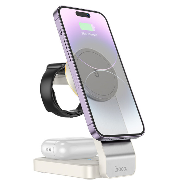 Бездротовий зарядний пристрій HOCO CQ3 Motorcycle folding 3-in-1 magnetic wireless fast charger Milky Білий