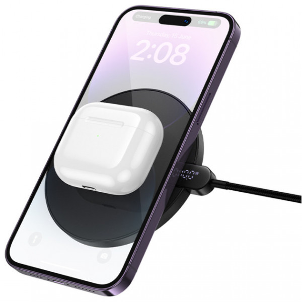 Бездротовий зарядний пристрій HOCO CW62 Peak desktop wireless fast charger with digital display and cable Black (6942007654517)