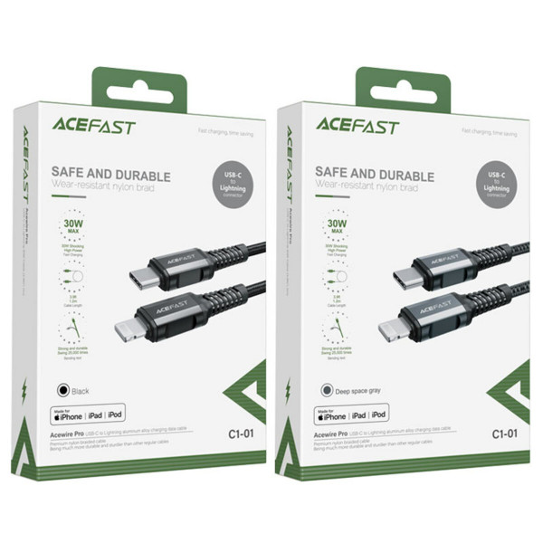 Кабель ACEFAST C1-01 Type-C to iP 3A, 1.2m, nylon, aluminum connectors, Чорний