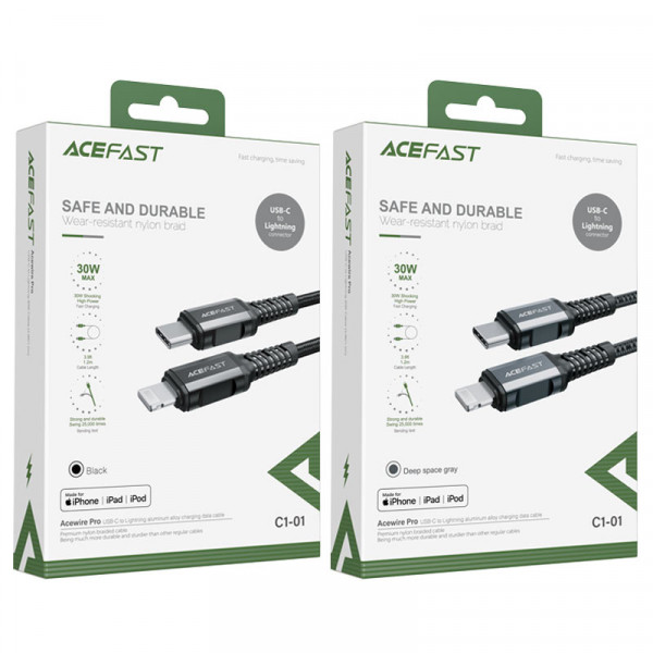 Кабель ACEFAST C1-01 Type-C to iP 3A, 1.2m, nylon, aluminum connectors, Black (6974316280484)