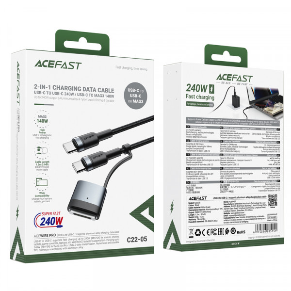 Кабель ACEFAST C22-05 USB-C to USB-C / magnetic aluminum alloy charging data cable Black (6974316285151)