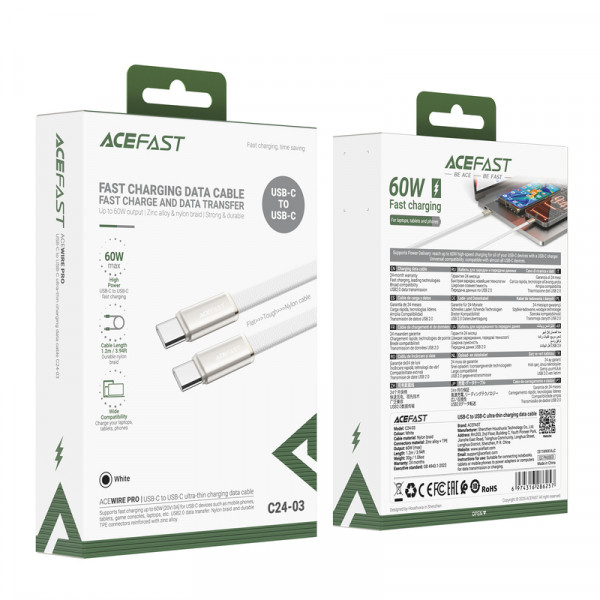 Кабель ACEFAST C24-03, Type-C to Type-C, 60W, 3A, 1.2m, Braided wire, Zinc alloy + TPE connectors, White (6974316286257)