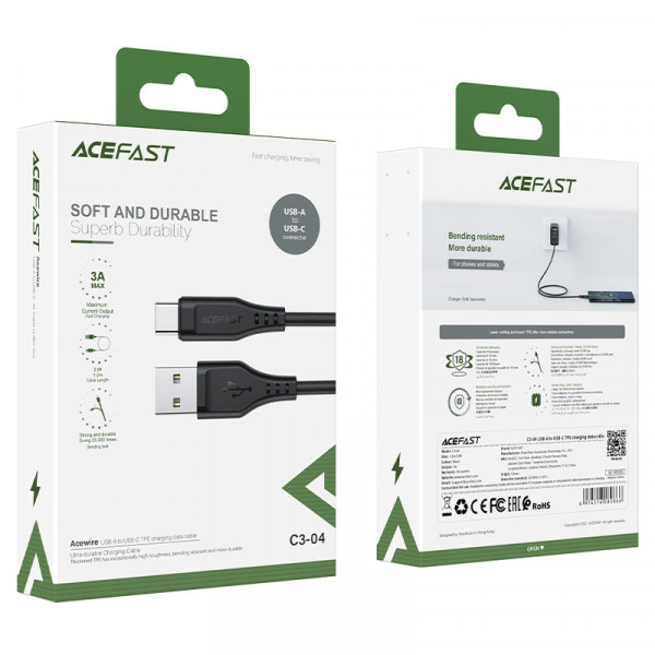 Кабель ACEFAST C3-04 USB to Type-C 3A, 1.2m, TPE, TPE connectors, Black (6974316280866)