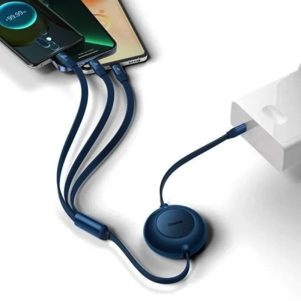 Кабель Baseus Bright Mirror 2 Series Retractable 3-in-1 Fast Charging Data Cable Type-C to M+L+C 100W 1.1m Блакитний