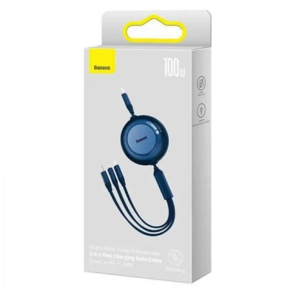 Кабель Baseus Bright Mirror 2 Series Retractable 3-in-1 Fast Charging Data Cable Type-C to M+L+C 100W 1.1m Блакитний