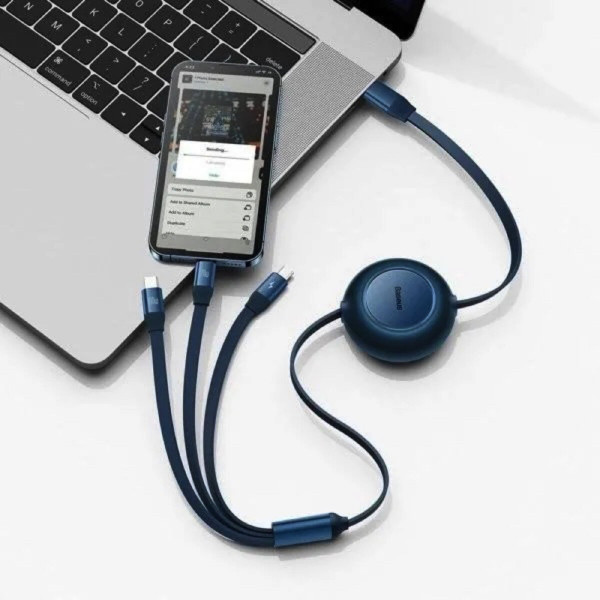 Кабель Baseus Bright Mirror 2 Series Retractable 3-in-1 Fast Charging Data Cable Type-C to M+L+C 100W 1.1m Блакитний