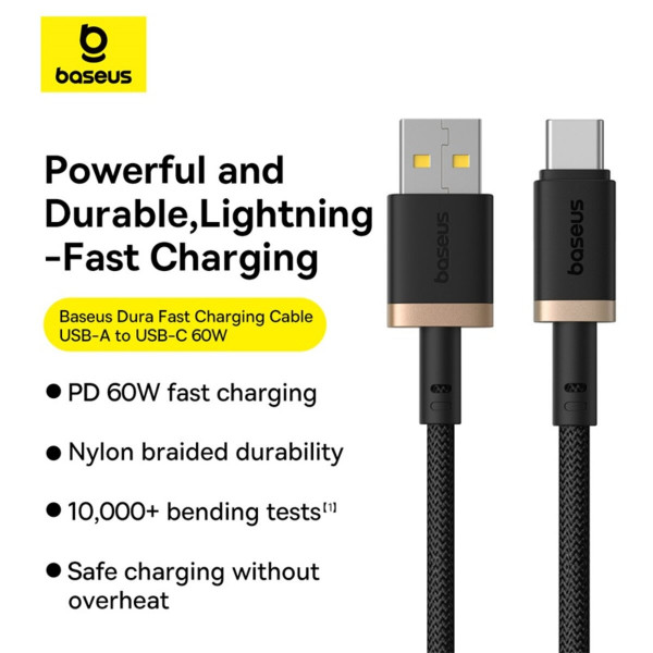 Кабель Baseus Dura Series Fast Charging Cable USB to Type-C 60W 2m Gold+Black