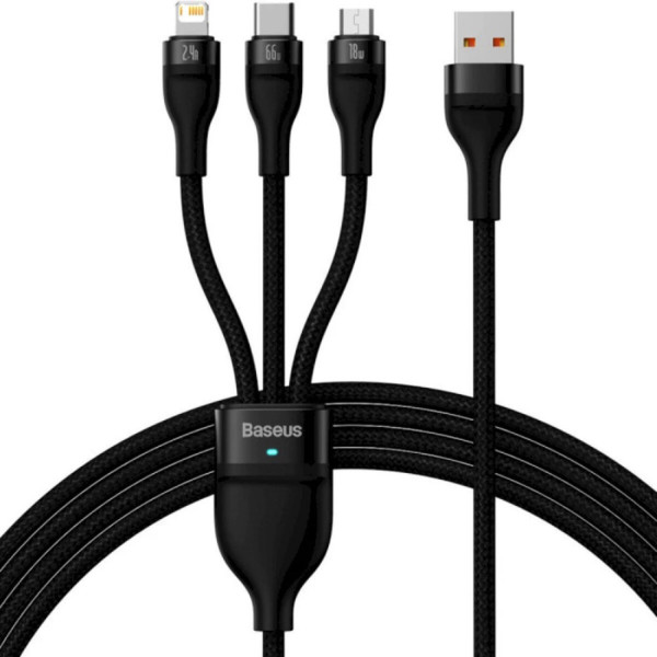 Кабель Baseus Flash Series Ⅱ One-for-three Fast Charging Data Cable USB to M+L+C 66W 1.2m Чорний