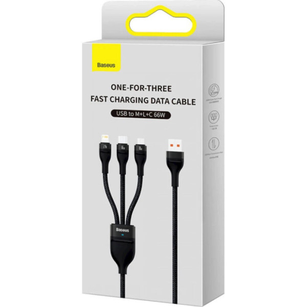 Кабель Baseus Flash Series Ⅱ One-for-three Fast Charging Data Cable USB to M+L+C 66W 1.2m Чорний