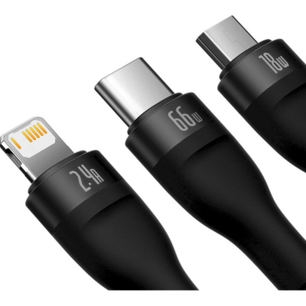 Кабель Baseus Flash Series Ⅱ One-for-three Fast Charging Data Cable USB to M+L+C 66W 1.2m Чорний