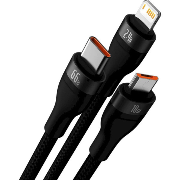 Кабель Baseus Flash Series Ⅱ One-for-three Fast Charging Data Cable USB to M+L+C 66W 1.2m Чорний