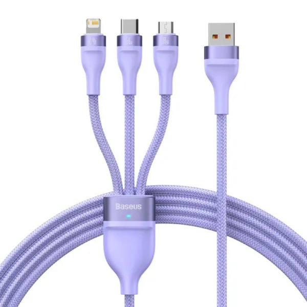 Кабель Baseus Flash Series Ⅱ One-for-three Fast Charging Data Cable USB to M+L+C 66W 1.2m Purple