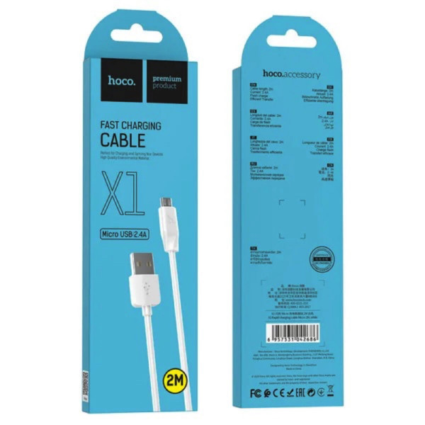 Кабель HOCO X1 USB to Micro 2.4A, 2m, PVC, PVC connectors, Білий
