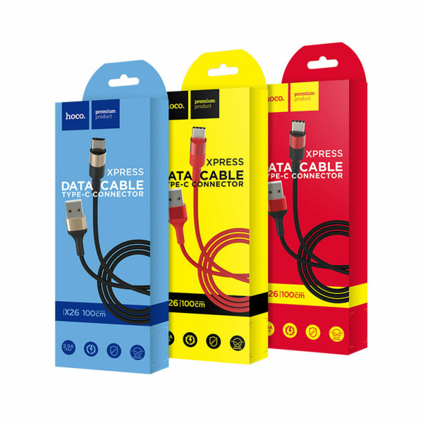 Кабель HOCO X26 USB to Type-C 2A, 18W 1m, nylon, aluminum connectors, Чорний+Червоний