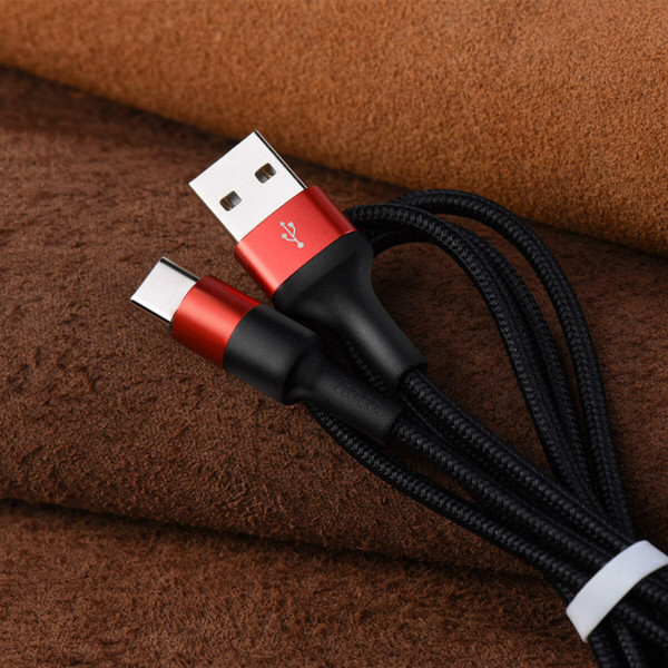 Кабель HOCO X26 USB to Type-C 2A, 18W 1m, nylon, aluminum connectors, Чорний+Червоний