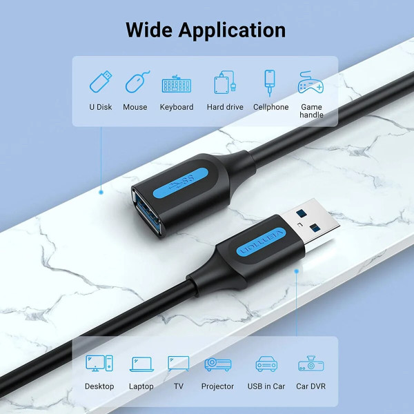 Кабель Vention USB 3.0 A Male to A Female Extension Cable 0.5M чорний PVC Type (CBHBD)