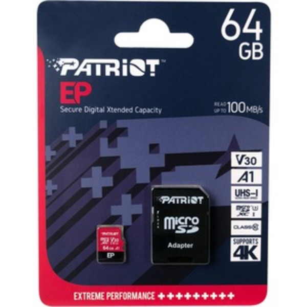 Карта пам'яті microSDXC (UHS-1 U3) Patriot EP Series 64Gb class 10 V30 (R-100MB/s, W-80MB/s) (adapter SD)