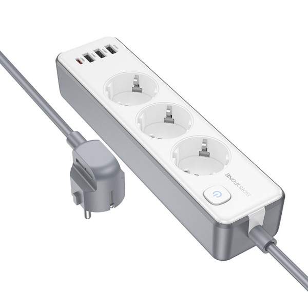 Мережевий подовжувач BOROFONE BAC9 Power 3-position socket(PD20W/1C3A)(EU/GER)(L=2M) Білий