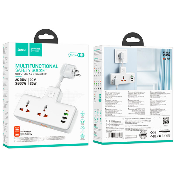 Мережевий подовжувач HOCO AC12A Reise 2-position expansion socket(PD30W/1C3A) Білий