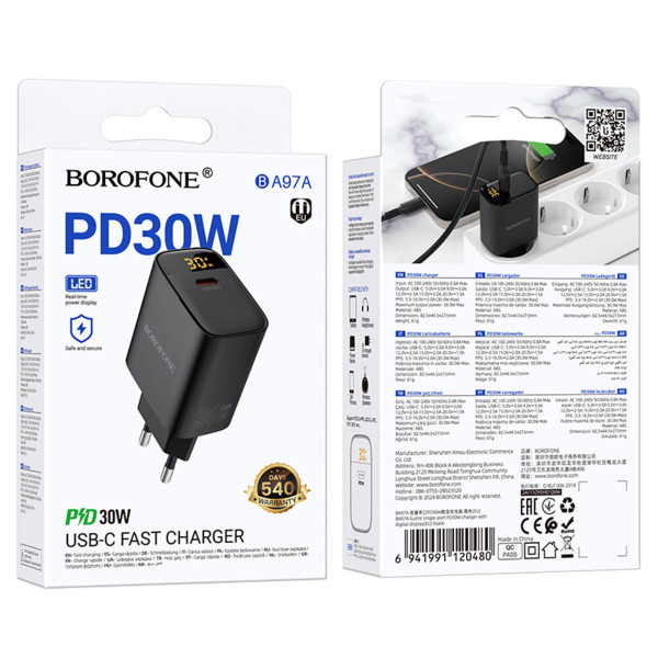 Мережевий зарядний пристрій BOROFONE BA97A Ilustre single-port PD30W charger with digital display (EU) Black