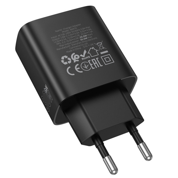 Мережевий зарядний пристрій BOROFONE BA97A Ilustre single-port PD30W charger with digital display (EU) Black