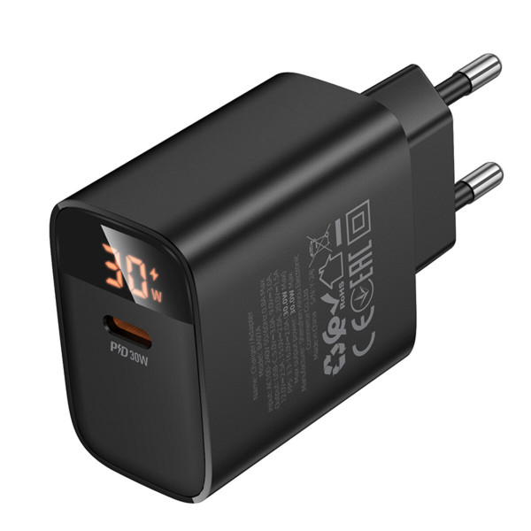 Мережевий зарядний пристрій BOROFONE BA97A Ilustre single-port PD30W charger with digital display (EU) Black