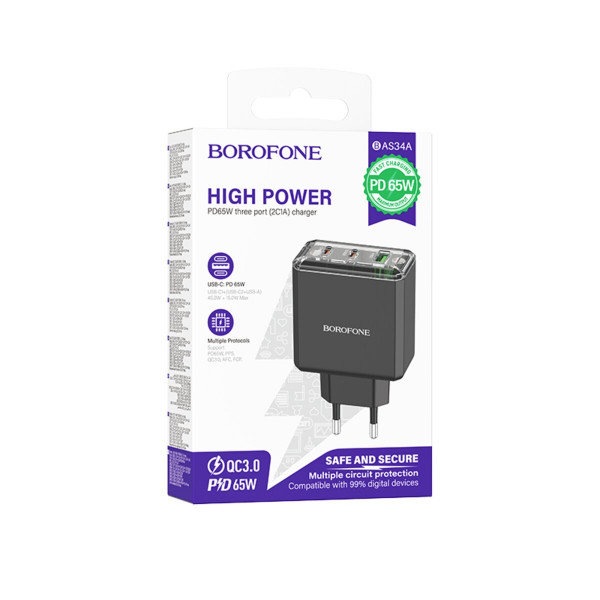 Мережевий зарядний пристрій BOROFONE BAS34A Treasure PD65W(2C1A) charger(EU) Чорний