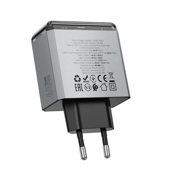 Мережевий зарядний пристрій BOROFONE BN22 Lena PD65W(2C1A) charger(EU) Metal Gray