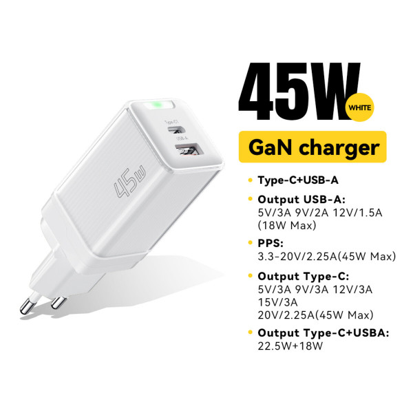 Мережевий зарядний пристрій Essager Zhiqi 45W GaN Travel Charger A+C EU білий (ECTCA-ZQB02-Z)