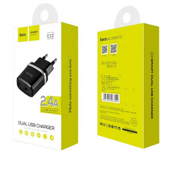 Мережевий зарядний пристрій HOCO C12 Smart dual USB charger Чорний