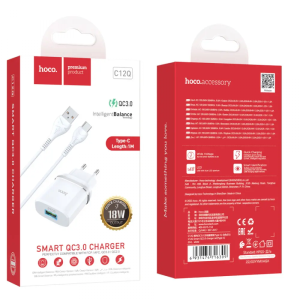Мережевий зарядний пристрій HOCO C12Q Smart QC3.0 charger set(Type-C) 18W Білий