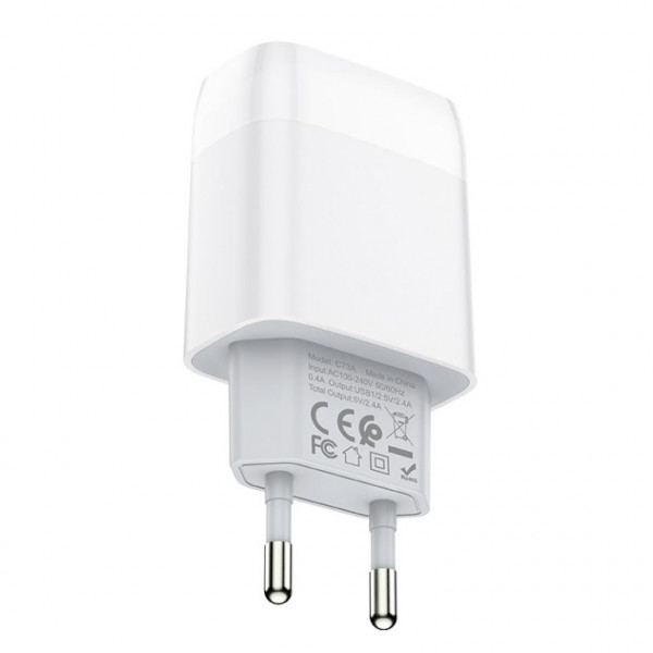 Мережевий зарядний пристрій HOCO C73A Glorious dual port charger 12W White (6931474712912)