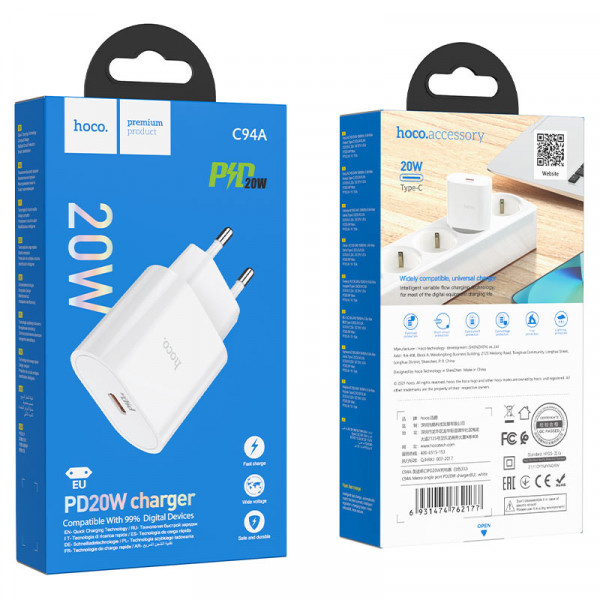 Мережевий зарядний пристрій HOCO C94A Metro single port PD20W charger White (6931474762177)