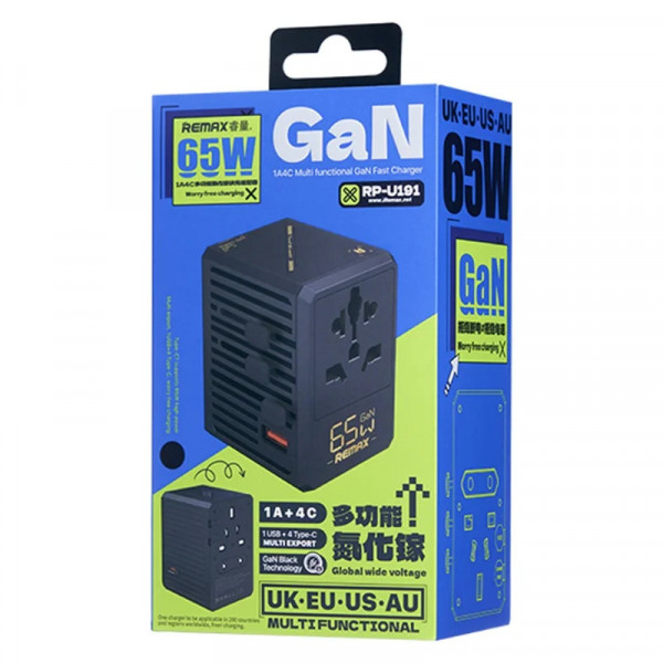Мережевий зарядний пристрій REMAX 65W 1A4C Multifunctional GaN Fast Charger RP-U191 Black (6954851247456)