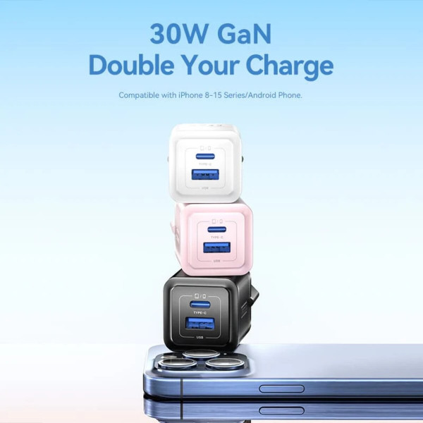 Мережевий зарядний пристрій Vention 2-Port USB (C + A) GaN Charger (30W/30W) EU-Plug White