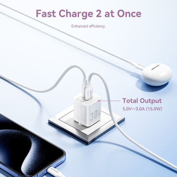 Мережевий зарядний пристрій Vention 2-Port USB (C + A) GaN Charger (30W/30W) EU-Plug White