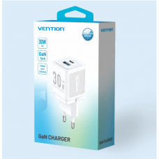 Мережевий зарядний пристрій Vention 2-Port USB (C + A) GaN Charger (30W/30W) EU-Plug White