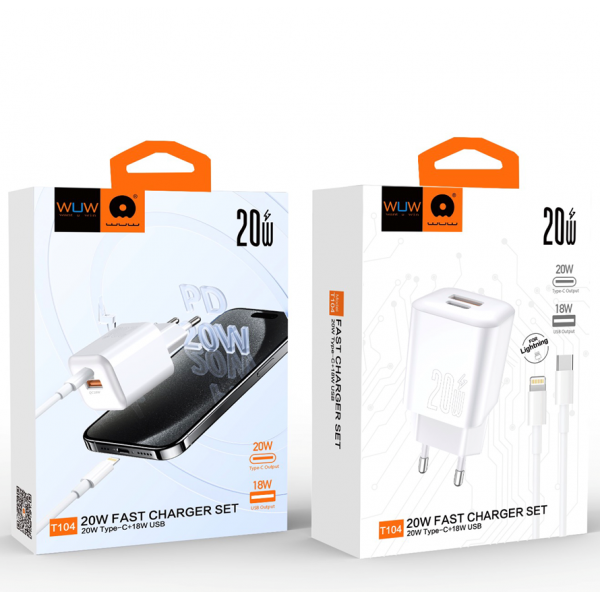 Мережевий зарядний пристрій з кабелем WUW-T104L PD20W A+C Lightning kit (6978749570631)