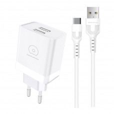 Мережевий зарядний пристрій з кабелем WUW-T92 2USB/2.4A set type-c (6972573337682)