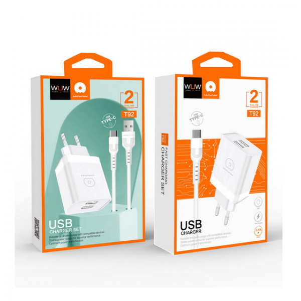 Мережевий зарядний пристрій з кабелем WUW-T92 2USB/2.4A set type-c (6972573337682)