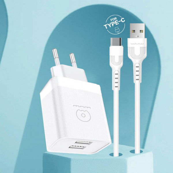 Мережевий зарядний пристрій з кабелем WUW-T92 2USB/2.4A set type-c (6972573337682)