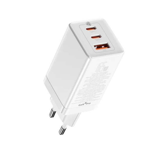 МЗП Baseus GaN3 Pro Fast Charger 2C+U 65W EU White(Include：Baseus Xiaobai series fast charging Cable Type-C to Type-C 100W(20V/5A) 1m White）