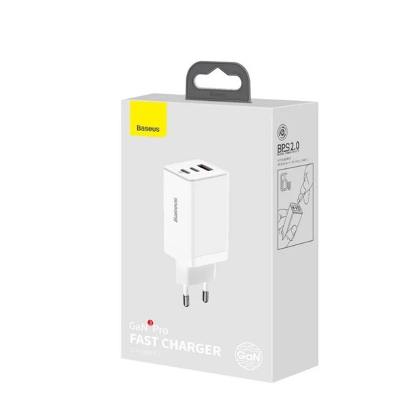МЗП Baseus GaN3 Pro Fast Charger 2C+U 65W EU White(Include：Baseus Xiaobai series fast charging Cable Type-C to Type-C 100W(20V/5A) 1m White）