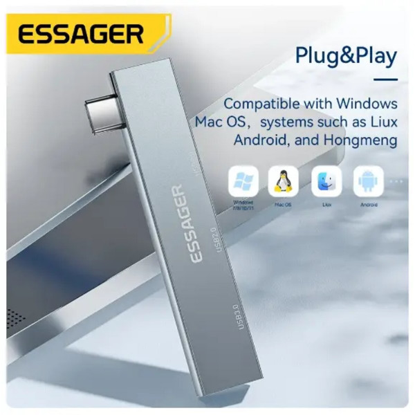 USB-hub ESSAGER (opp bag) Fengyang 3 in 1 Splitter Silver