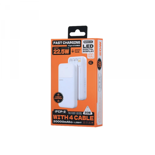 Зовнішній акумулятор REMAX 20W+22.5W with 3 Fast Charging Cable Power Bank 20000mAh FCP-2 White (6954851247012)